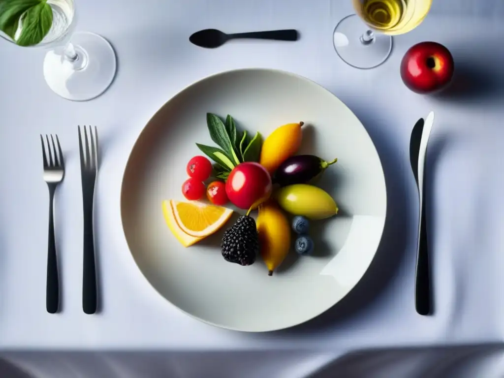 Una exquisita muestra de gastronomía saludable en cruceros: plato con frutas, verduras y mariscos coloridos sobre mantel blanco impecable