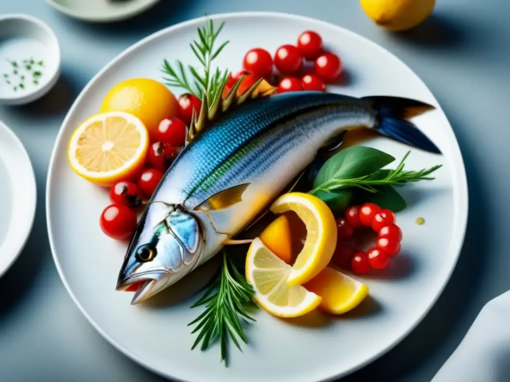 Una exquisita muestra de mariscos frescos y coloridos en un elegante plato blanco