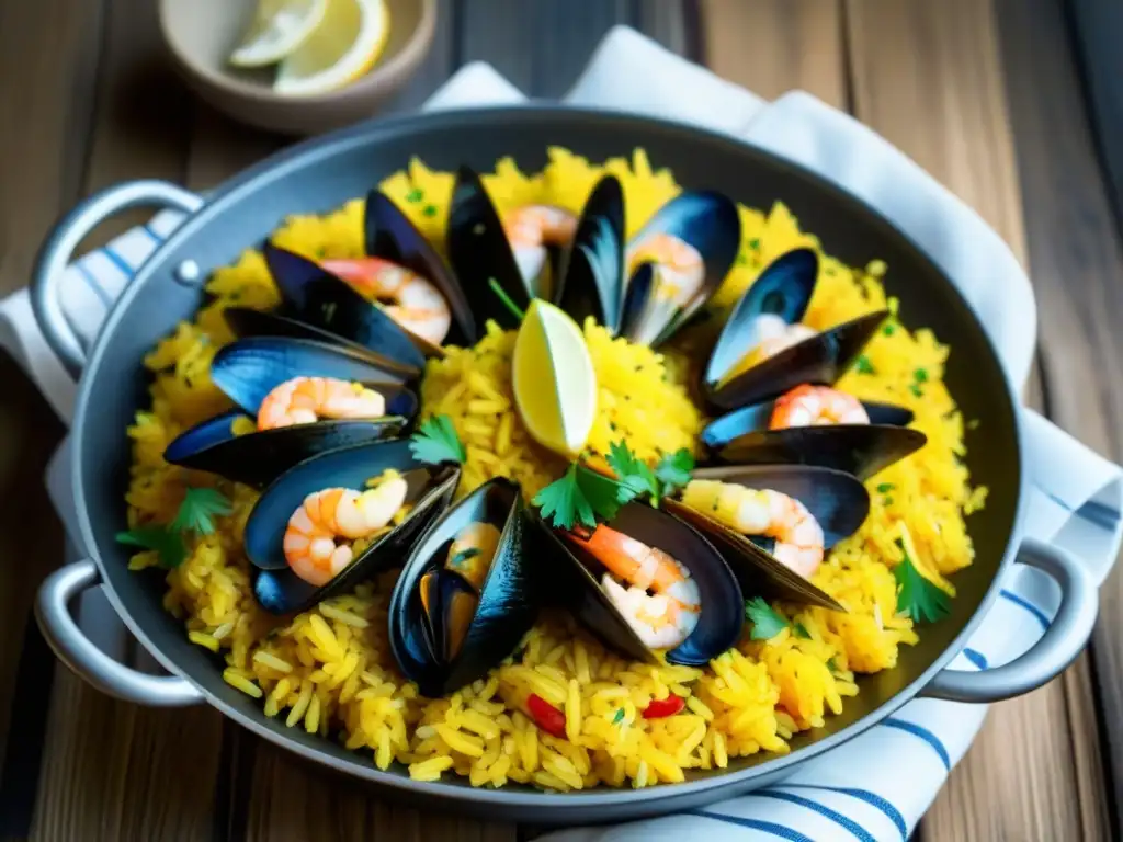 Exquisita paella española con mariscos en paellera, gastronomía tradicional en cruceros