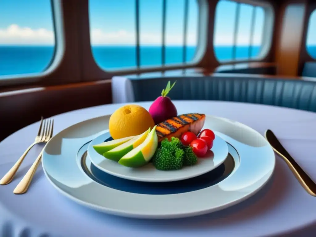 Una exquisita presentación de comida saludable en un crucero, con frutas coloridas, verduras frescas y pescado a la parrilla