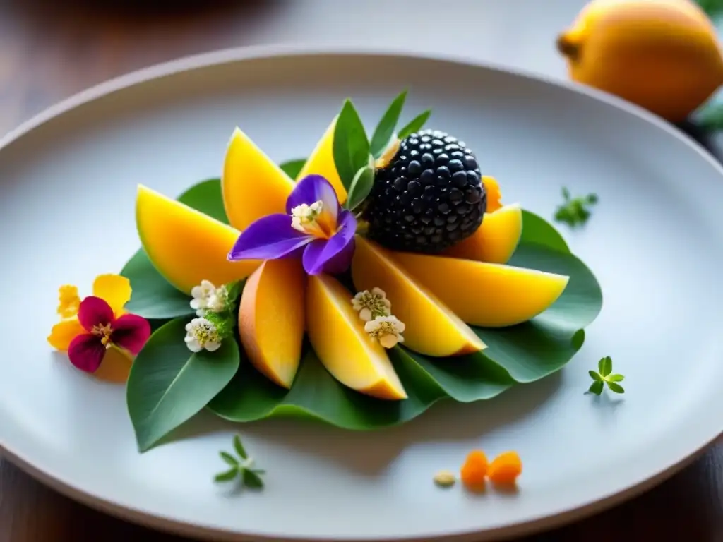 Exquisita presentación de frutas exóticas y frescas hierbas en un plato, ideal para un crucero de lujo en Hong Kong