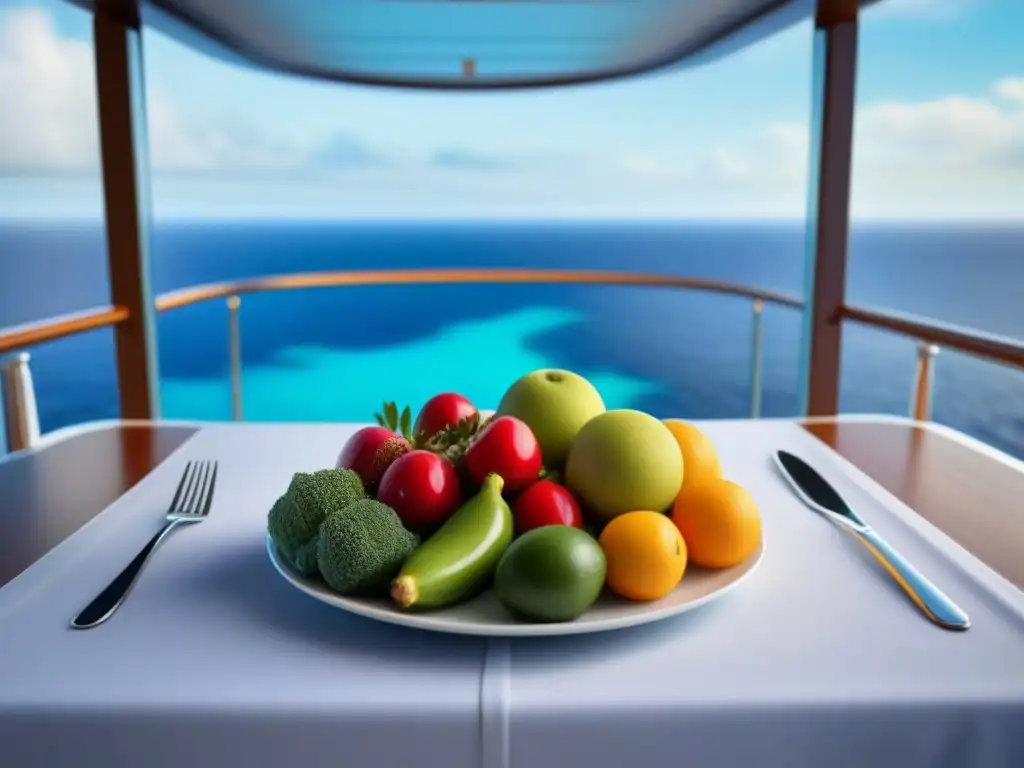 Una exquisita presentación de frutas y verduras frescas en un crucero de lujo, destacando la nutrición personalizada en cruceros