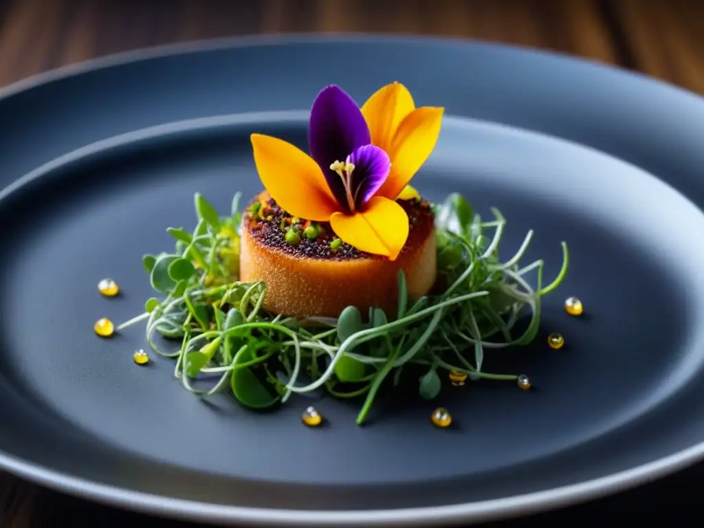 Exquisita presentación de plato gourmet con microgreens, flores comestibles y salsa, en elegante vajilla blanca sobre fondo negro