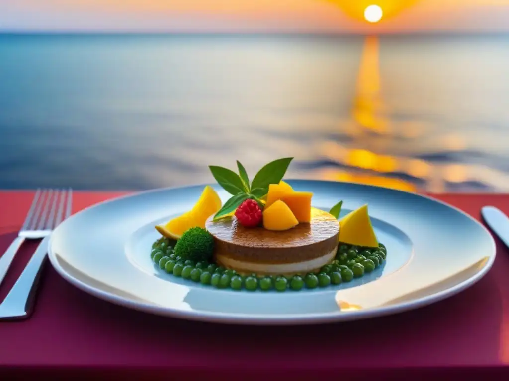 Exquisita presentación de platos en crucero de lujo, con ingredientes coloridos y elegante vajilla frente al mar al atardecer