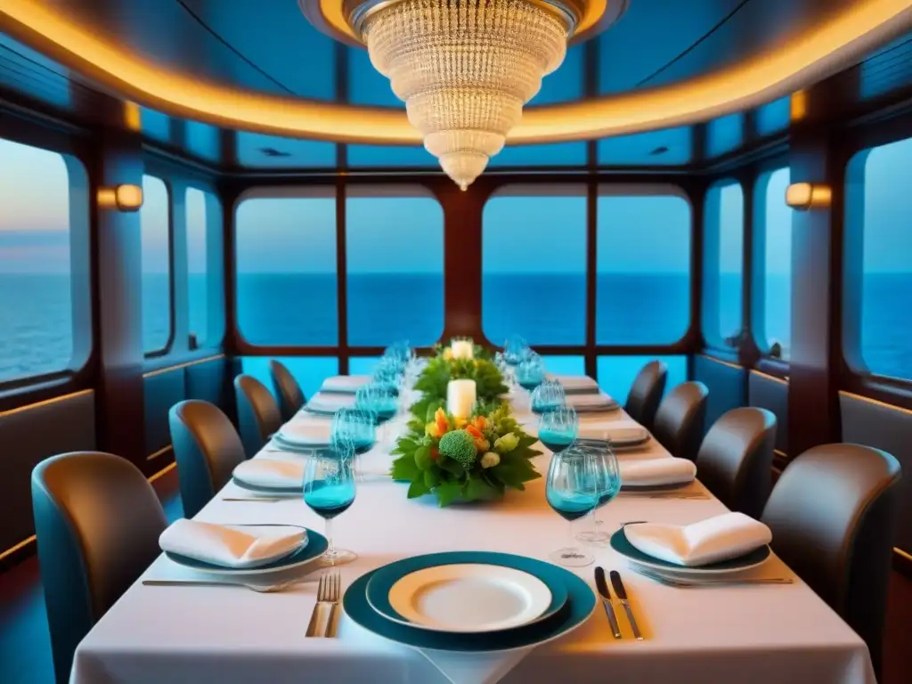 Exquisita presentación de platos en un lujoso comedor de crucero, elegante y detallado ambiente