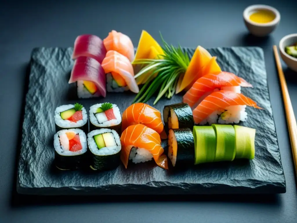 Una exquisita presentación de sushi en plato de piedra negro, reflejando la influencia gastronomía cruceros asiáticos