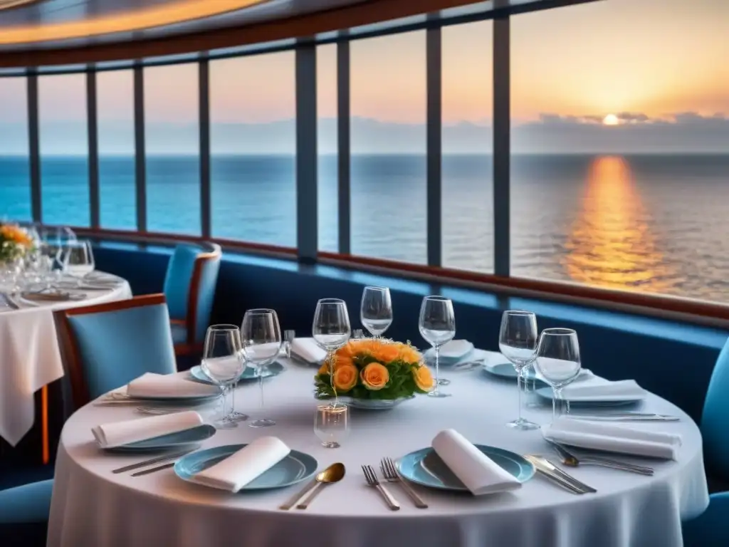 Exquisita sala de comedor en crucero blanco con platos con legado en cruceros, cristalería y vista al mar al atardecer