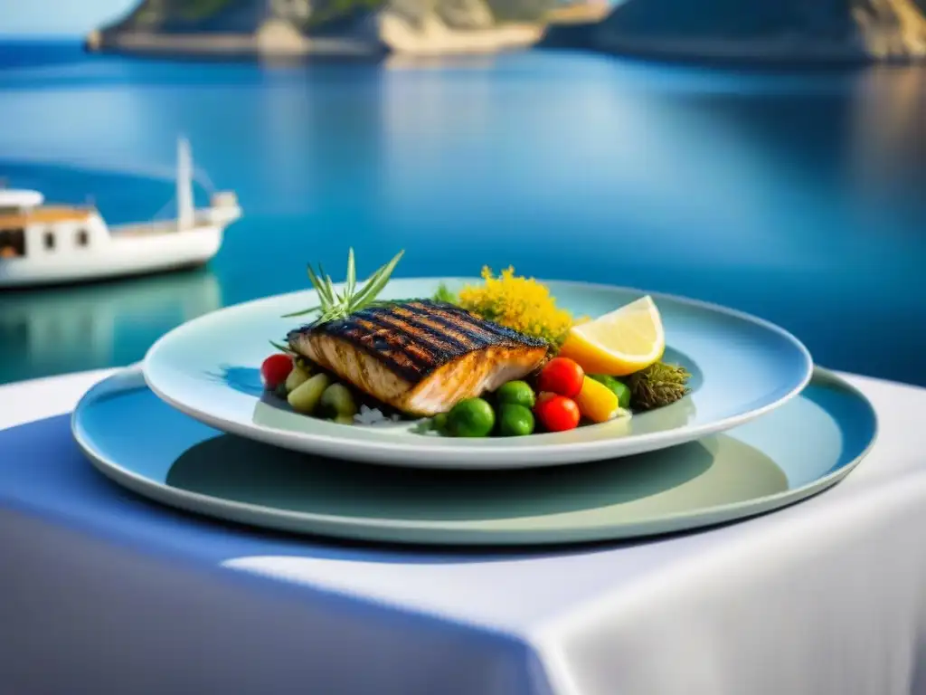 Exquisita gastronomía saludable en cruceros marítimos: plato mediterráneo colorido y vibrante en elegante presentación