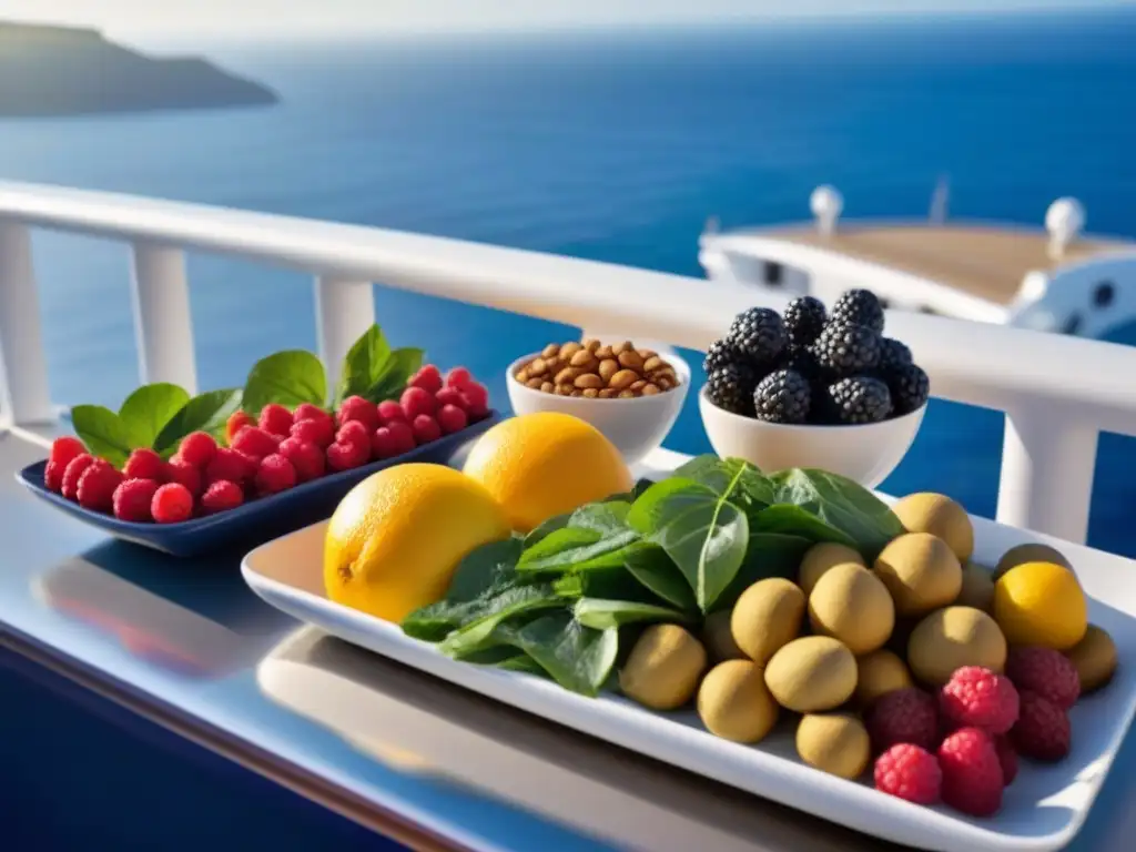 Una exquisita selección de superalimentos en cruceros de lujo, resplandeciendo bajo el sol sobre la cubierta del barco