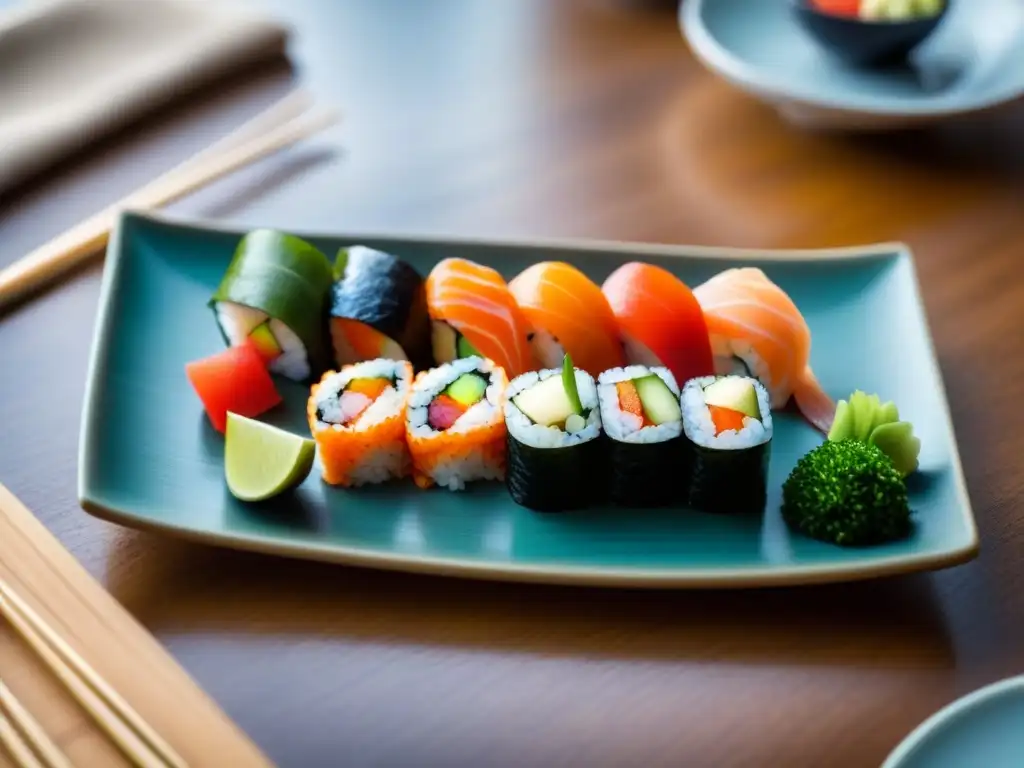 Exquisita presentación de sushi en plato moderno