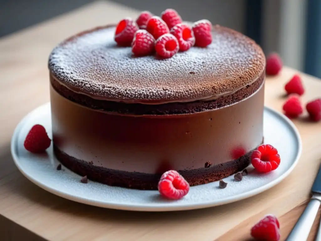 Delicioso pastel de mousse de chocolate con frambuesas Exquisita tarta de mousse de chocolate con frambuesas y azúcar glass