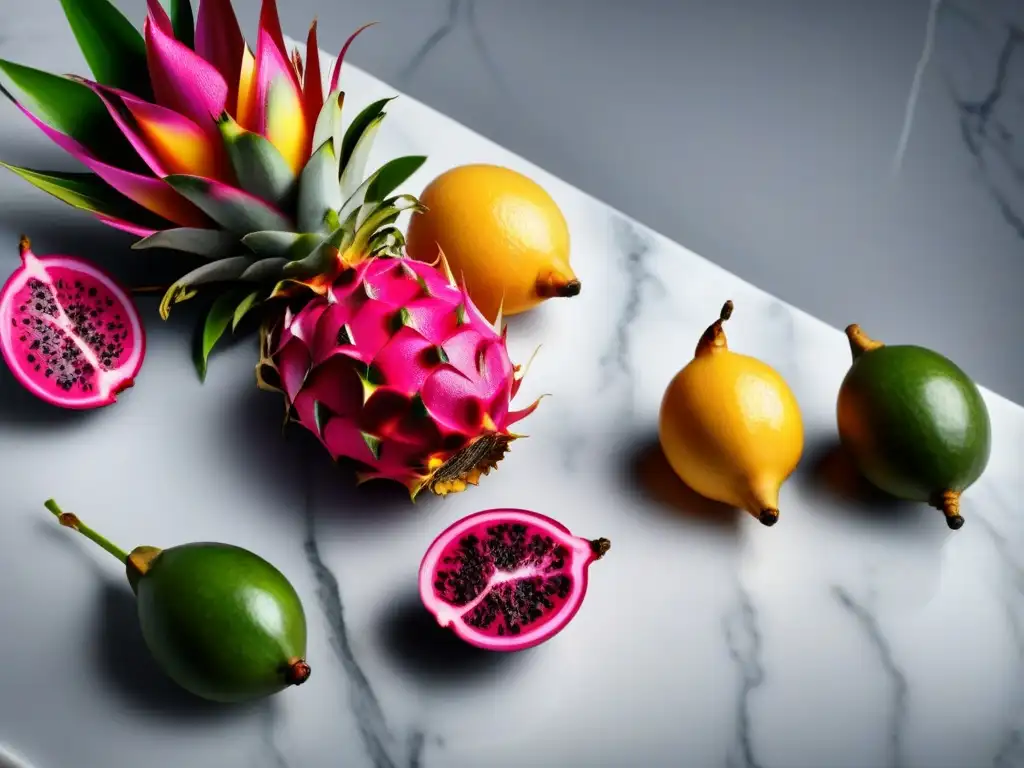 Una exquisita variedad de frutas y hierbas exóticas en un elegante mostrador de mármol