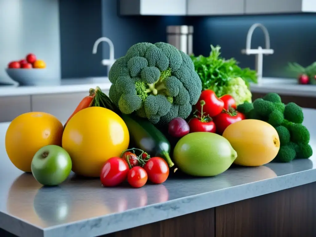 Una exquisita variedad de frutas y verduras frescas en una cocina moderna