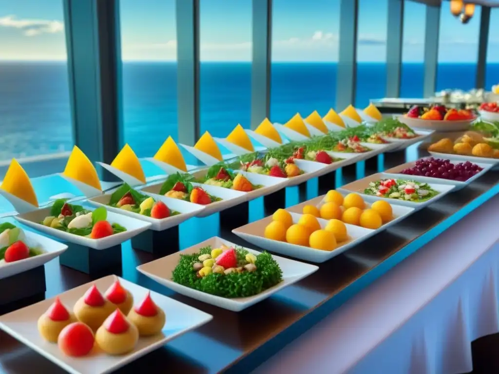 Un exquisito buffet en un crucero con opciones sin gluten, deleitando los sentidos en un ambiente lujoso y relajante