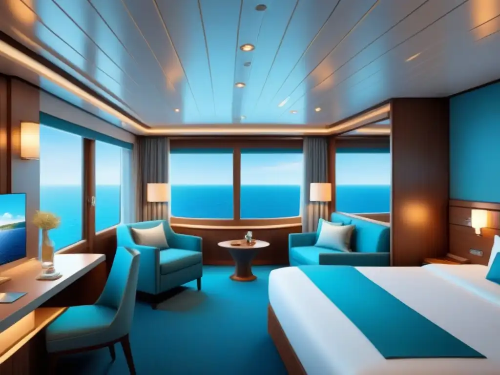 Exquisito camarote de crucero con cama grande, balcón privado y ambiente de lujo