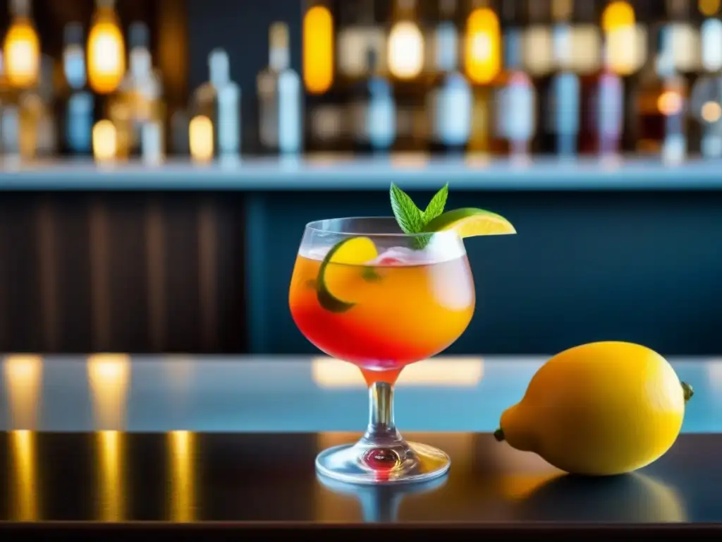 Exquisito cóctel sin alcohol en cruceros, con frutas tropicales y hierbas aromáticas, en un elegante bar moderno