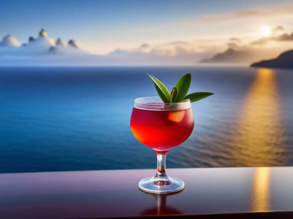 Un exquisito cóctel asiático en un crucero, con una vista serena al mar y elegante decoración floral