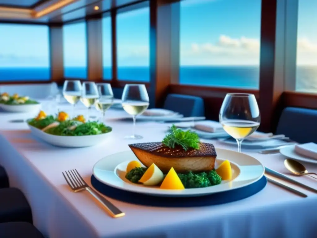 Exquisito comedor de crucero con menús sostenibles y vista al mar