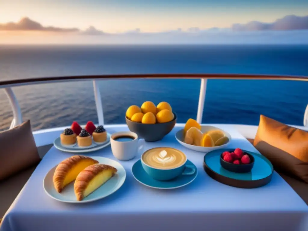 Un exquisito desayuno en el océano: mesa elegante con fina vajilla y delicias gourmet al amanecer en un lujoso crucero