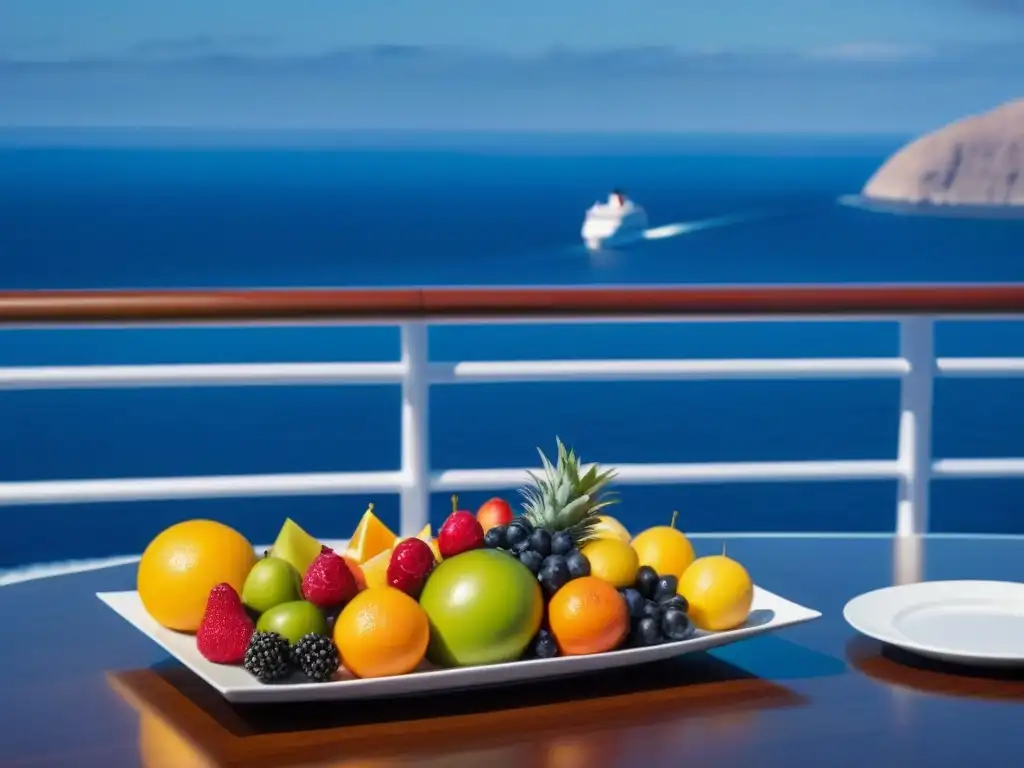 Un exquisito y elegante plato de frutas gourmet en un lujoso crucero, ideal para programas detox en cruceros de lujo