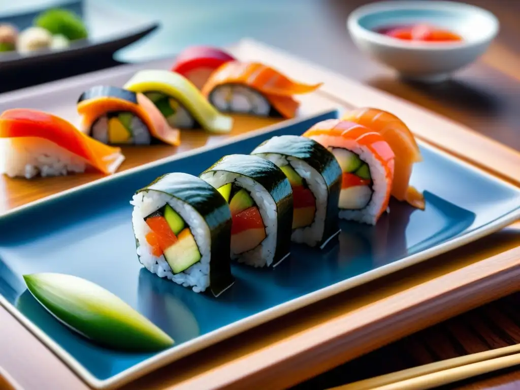 Exquisito evento sushi crucero marítimo: sushi elegante frente al mar sereno y cielo azul, detalle y sofisticación