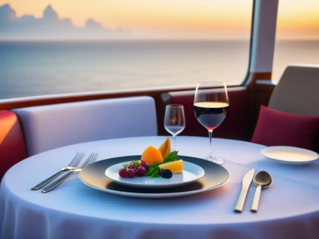 Exquisito maridaje de vinos y comidas saludables en un lujoso crucero con vista al mar al atardecer