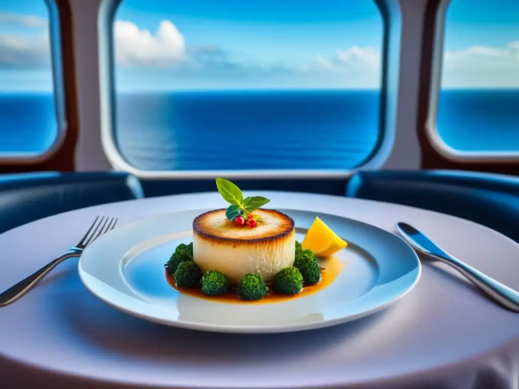 Exquisita cena gourmet en crucero de lujo Exquisito menú personalizado en crucero de alta cocina con vista al mar