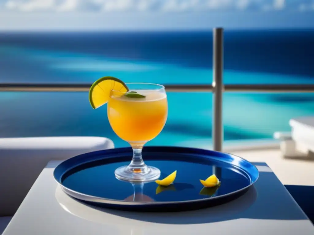 Exquisito mocktail en bandeja de plata en crucero marítimo