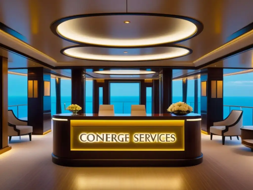 Un exquisito mostrador de concierge en un lujoso crucero, con elegante diseño, nombre dorado y flores frescas