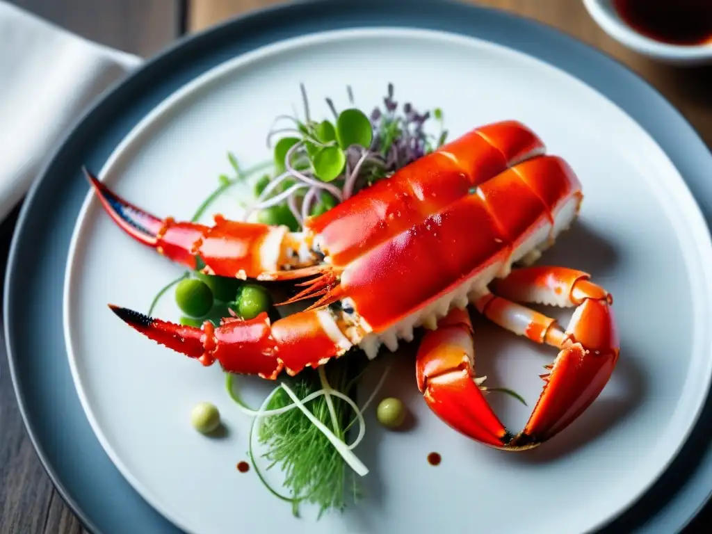 Un exquisito plato blanco con una pata de cangrejo real de Alaska roja, decorada con microgreens y salsa cítrica