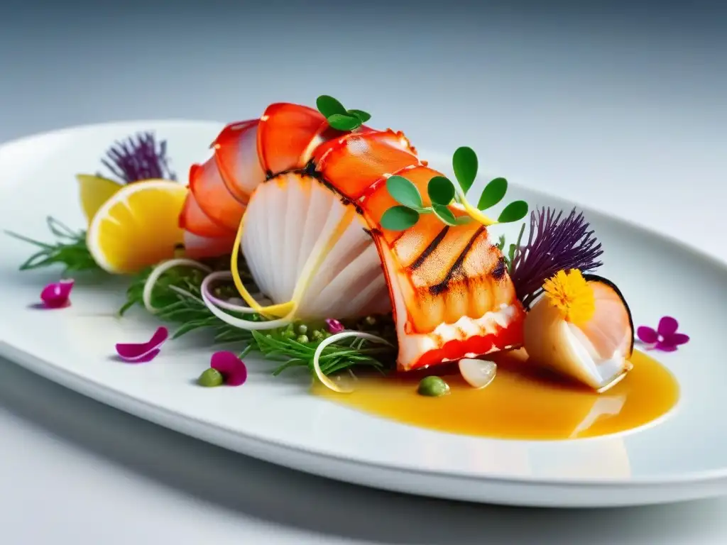 Exquisita presentación de mariscos gourmet: 8k ultra detalle Un exquisito plato de mariscos gourmet en un entorno sofisticado, perfecto para eventos gastronómicos turismo marítimo