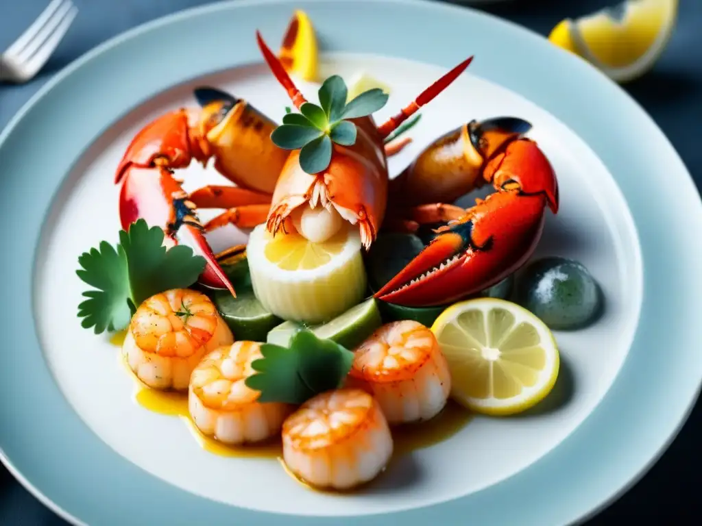 Un exquisito plato de mariscos con langosta, vieiras y camarones, adornado con limón y hierbas frescas