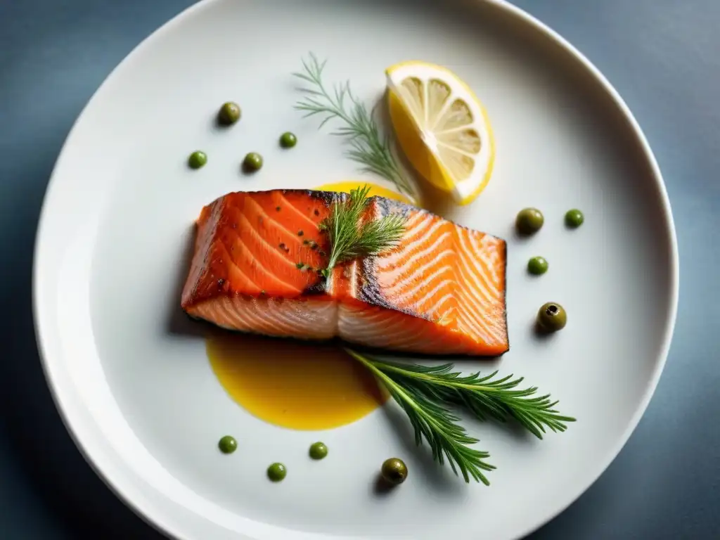 Un exquisito plato de salmón noruego con guarniciones de eneldo fresco, limón y aceite de oliva dorado