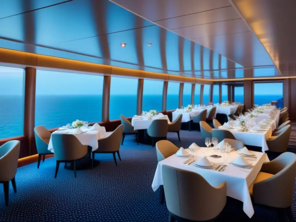 Exquisito restaurante temático en crucero, con elegante decoración minimalista y vista al mar