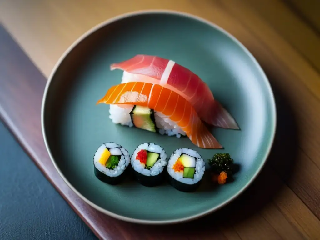 Exquisito sushi en crucero marítimo: plato moderno con sushi delicadamente decorado y coloridas salsas