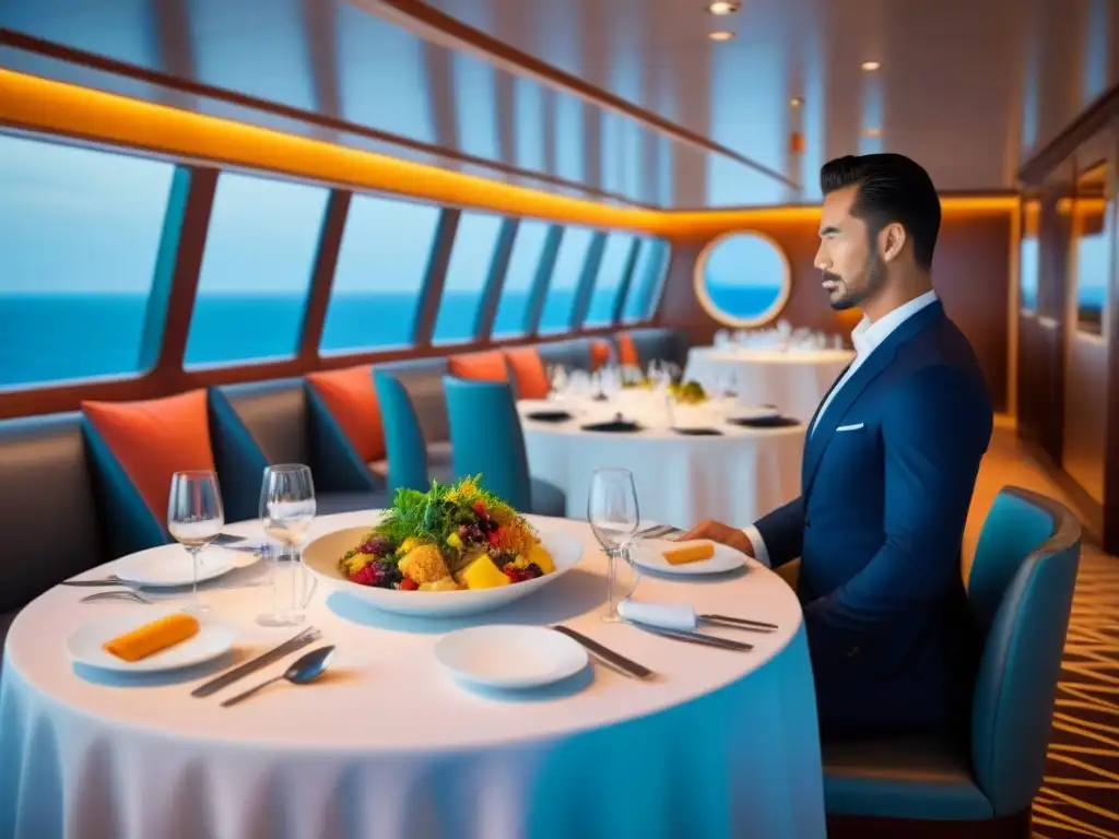 Exquisitos platos inusuales en cruceros, presentados con elegancia y sofisticación en un lujoso comedor de barco