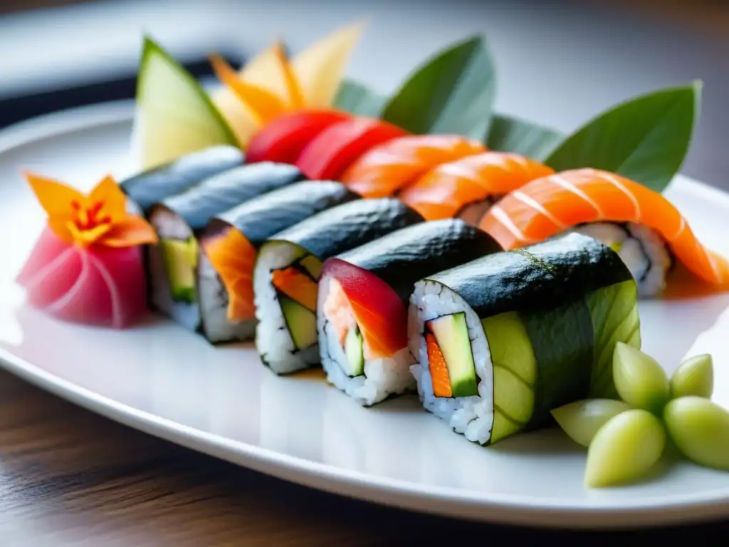 Exquisitos sushi rolls en plato blanco, presentación elegante en evento sushi crucero marítimo