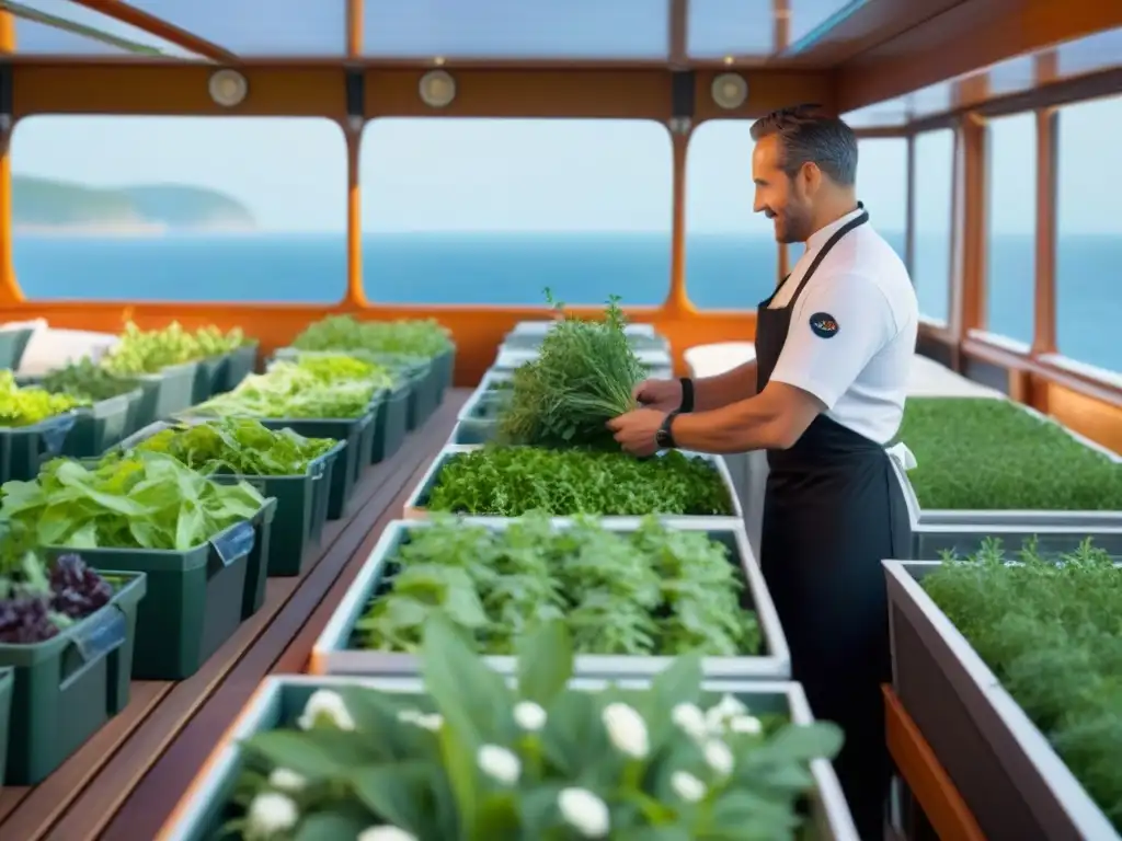 Un jardín exuberante en un crucero, con hierbas, frutas y verduras, donde se practica comer local en crucero