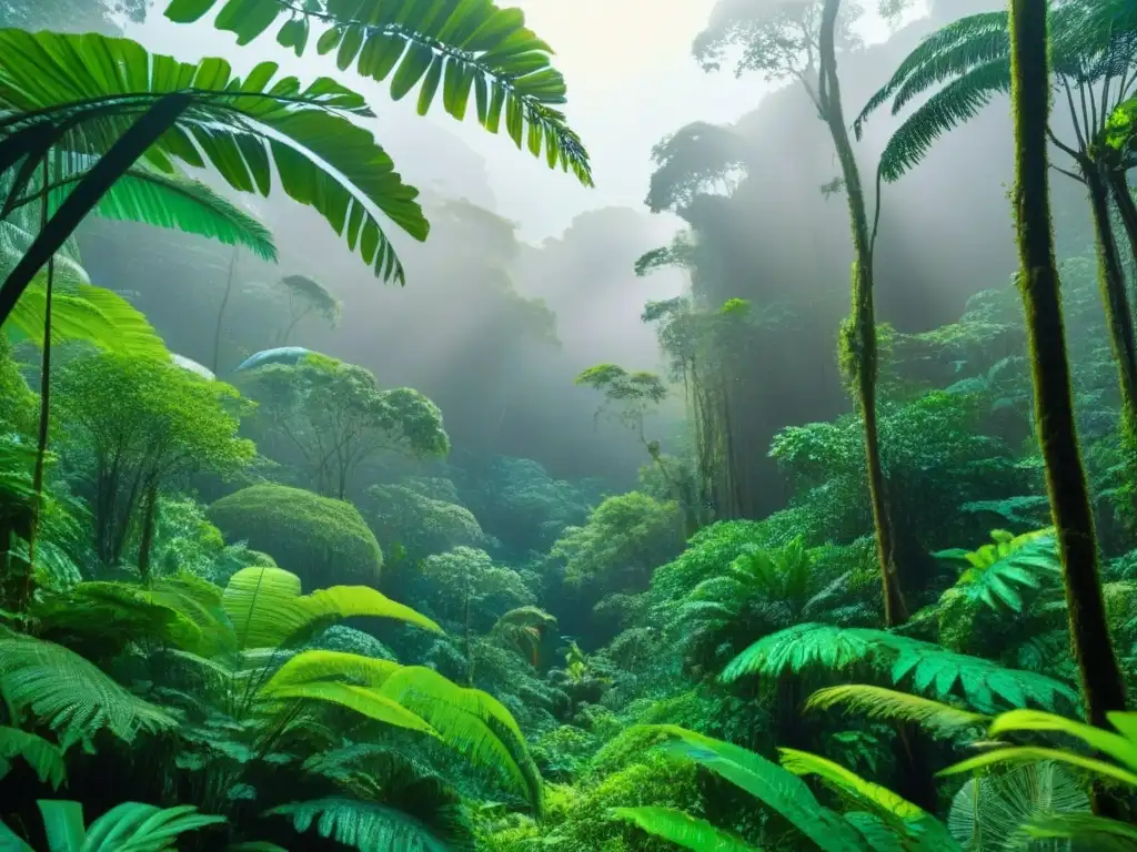 Un exuberante dosel de selva tropical con aves exóticas