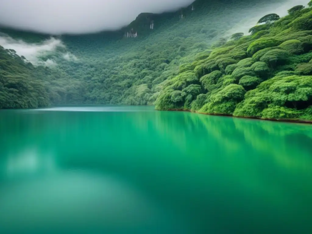 Un exuberante y sereno paisaje de la selva reflejado en un lago tranquilo, destacando la armonía ambiental