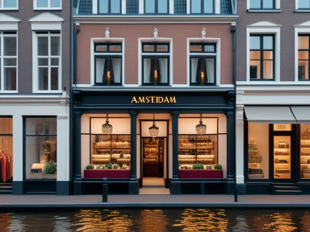 Fachada lujosa de boutique en Ámsterdam con arquitectura tradicional y escaparates elegantes