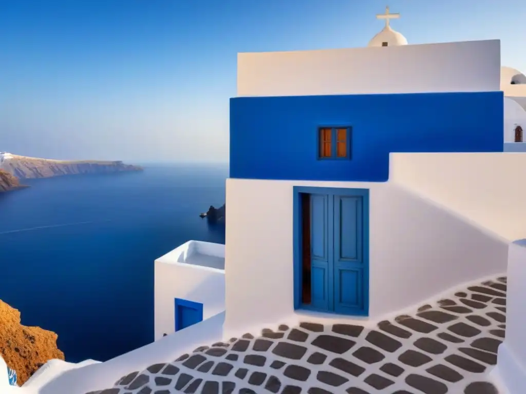 Fachada minimalista de boutique de lujo en Santorini con detalles azules tradicionales