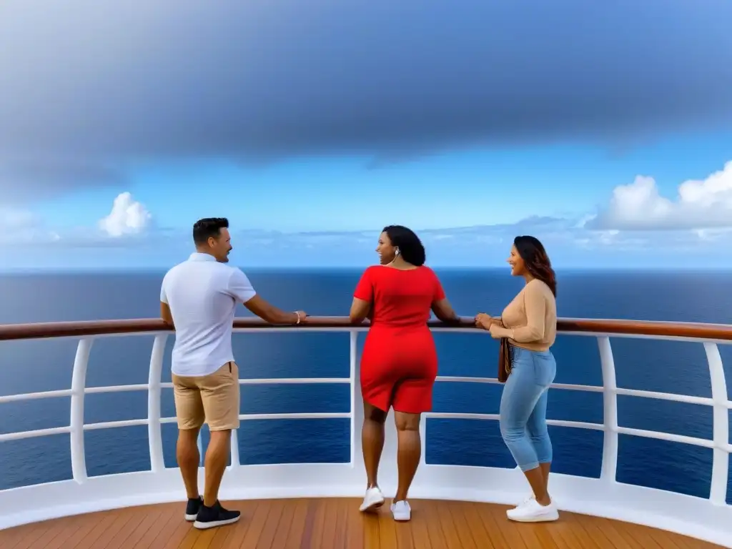 Una familia feliz explorando la cubierta de un crucero Disney, con el icónico embudo y el mar de fondo