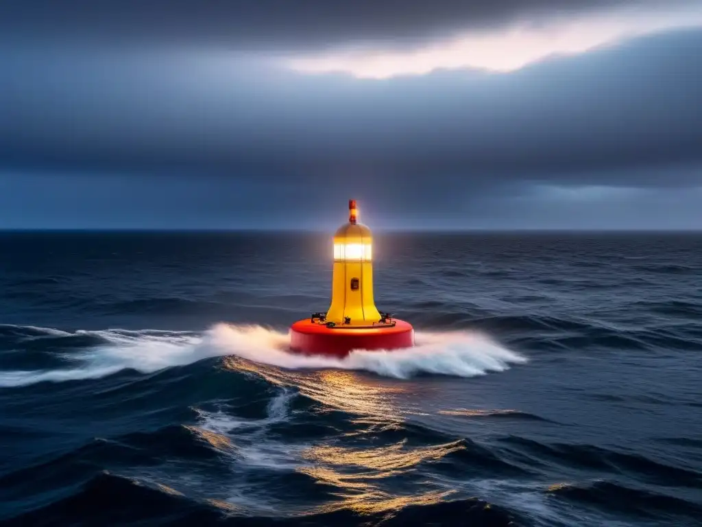 Un faro de emergencia flotando en el mar, con su potente luz LED cortando la oscuridad de la noche