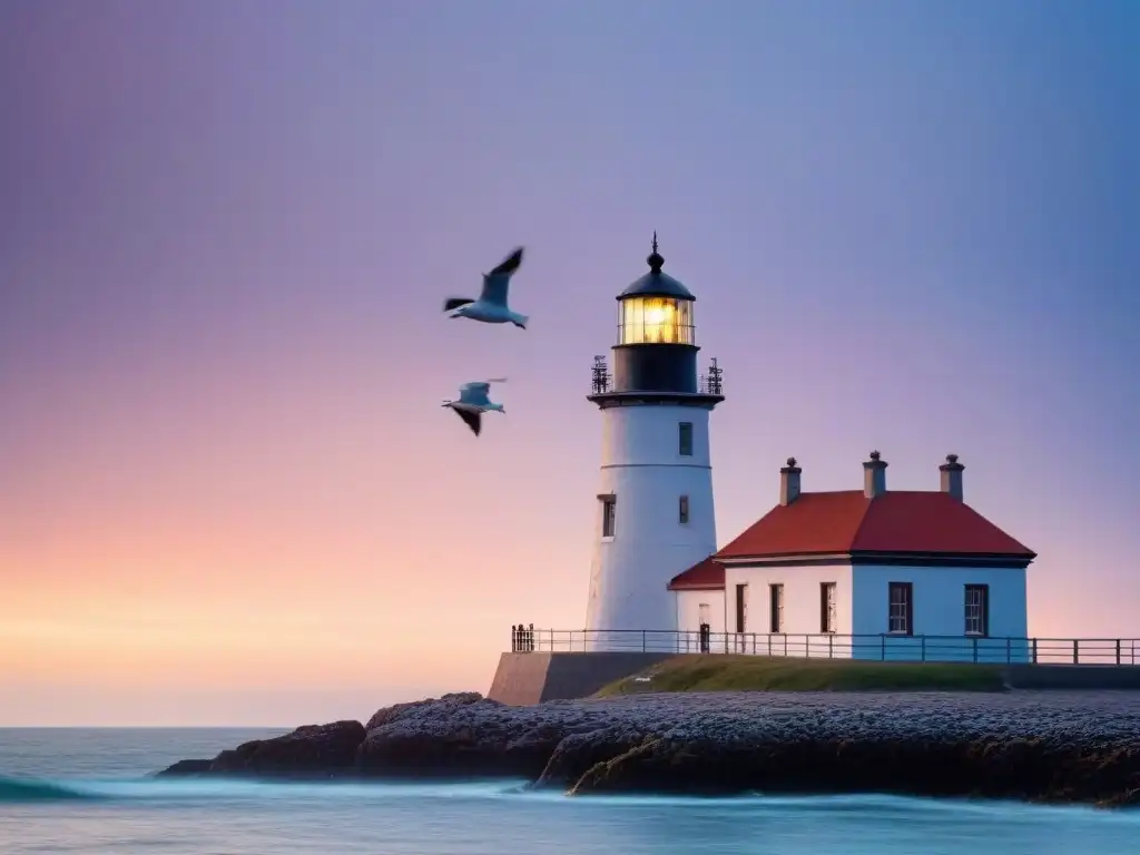 Un faro histórico en un atardecer pastel, rodeado de gaviotas, refleja la conservación del patrimonio marítimo UNESCO