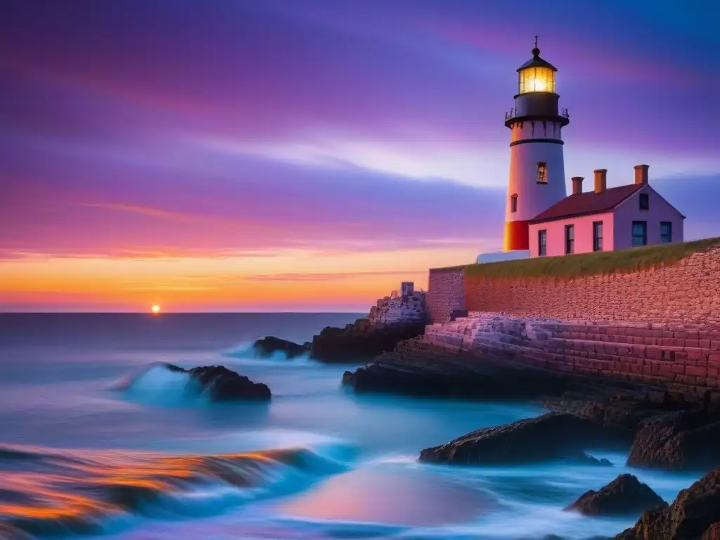 Un faro histórico iluminando un atardecer vibrante sobre el mar tranquilo