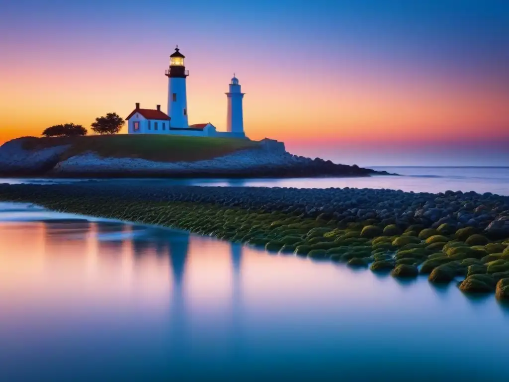 Un faro histórico destaca en un atardecer vibrante sobre el mar sereno, evocando Museos marítimos navegantes pasado