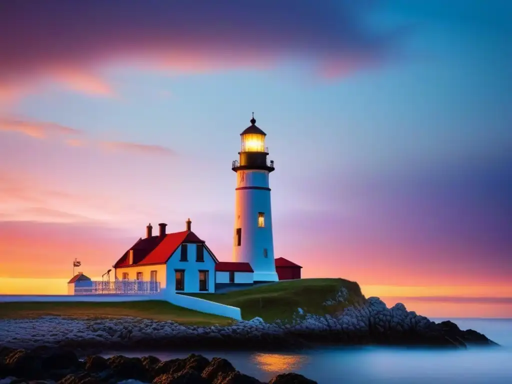 Un faro histórico se alza majestuoso al atardecer sobre el mar calmado, simbolizando la importancia de los faros en la historia marítima