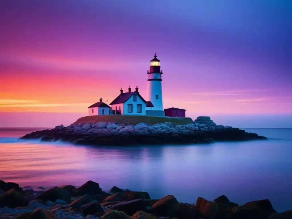 Un faro histórico se yergue majestuoso contra un atardecer ardiente junto al mar tranquilo, iluminando las aguas con una suave luz