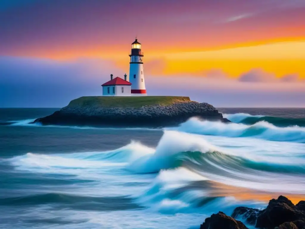 Un faro histórico se alza majestuoso contra un cielo vibrante al atardecer, rodeado de un mar sereno